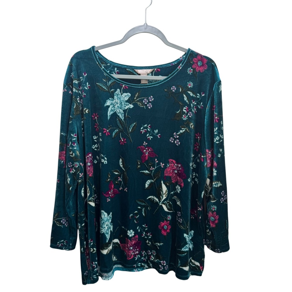 Velvet Velour Cottagecore Jewel-tone Botanical Stretch Tunic Top 2XG Teal Green